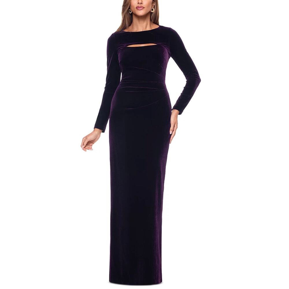 XSCAPE Women's Formal Dress Size 18 Purple Velvet Long Sleeve Column Gown
